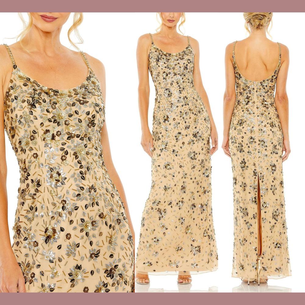 NWT $598 Mac Duggal [ 4 ] 5477 Floral‎ Embellished Scoop Neck Gown Gold